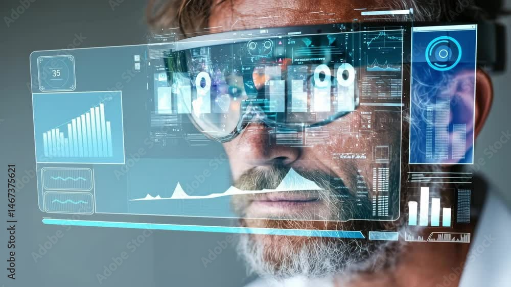 Poster a man wearing augmented reality glasses interacts with virtual data and digital interfaces projected