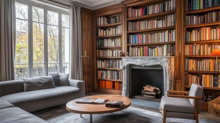 Cozy living room with bookshelves and fireplace, autumn view