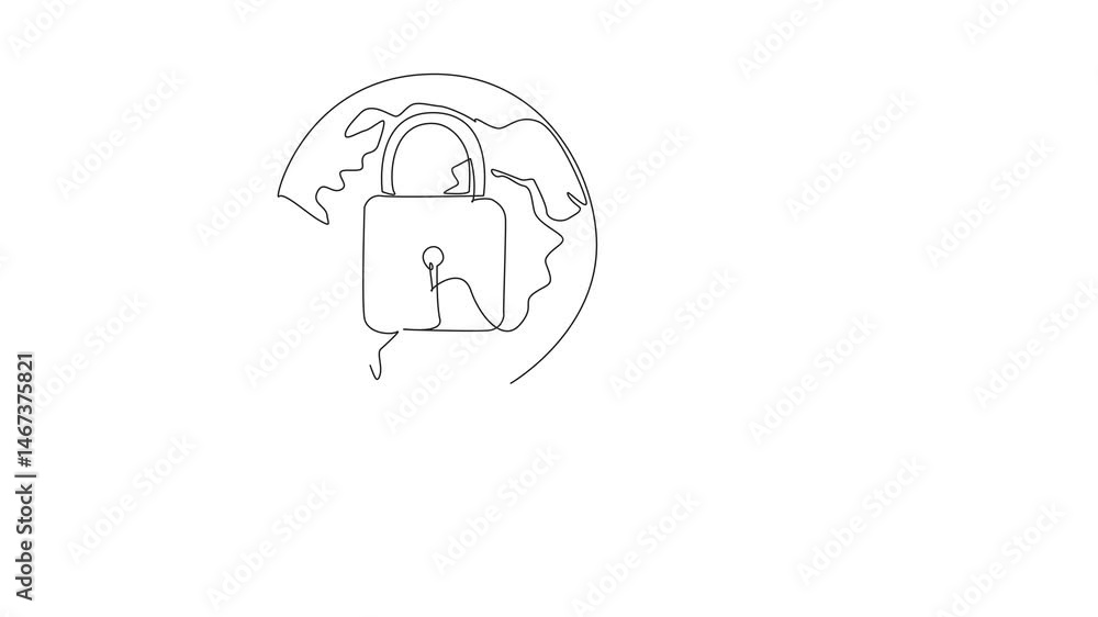 Poster animated self drawing of single one line drawing a mouse connected to a globe with a padlock in the 
