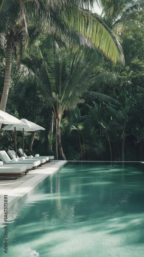 Poster inviting turquoise swimming pool reflecting the surrounding palm trees in a luxurious tropical resor