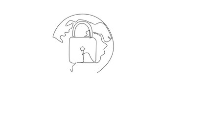Animated self drawing of single one line drawing a mouse connected to a globe with a padlock in the middle. Global security. Secure. Safety. Safer Internet Day. Full length single line animation