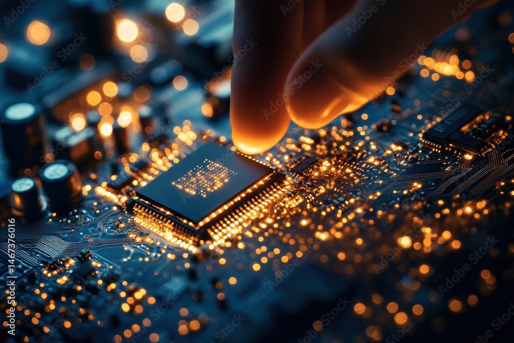 Aufkleber close-up of a hand interacting with a microchip on a circuit board