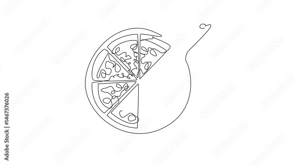 Poster animation of continuous one line drawing a pizza on a round serving tray. the deliciousness and conv