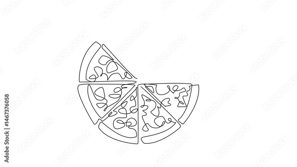 Poster self drawing animation of single continuous line drawing a pizza is divided into slices. the delicio