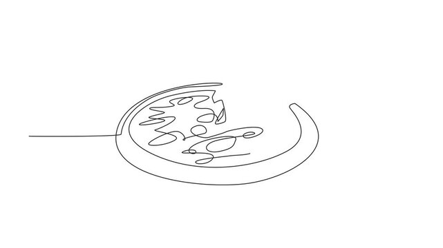 Animated self drawing of single continuous line drawing a slice of pizza is being taken from whole pizza. The deliciousness of melted cheese. National Pizza Day. Full length single line animation