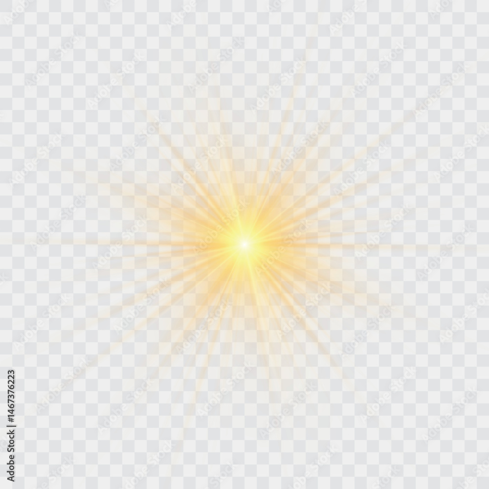 Poster yellow sun, a flash, a soft glow without departing rays. star flashed with sparkles isolated on whit