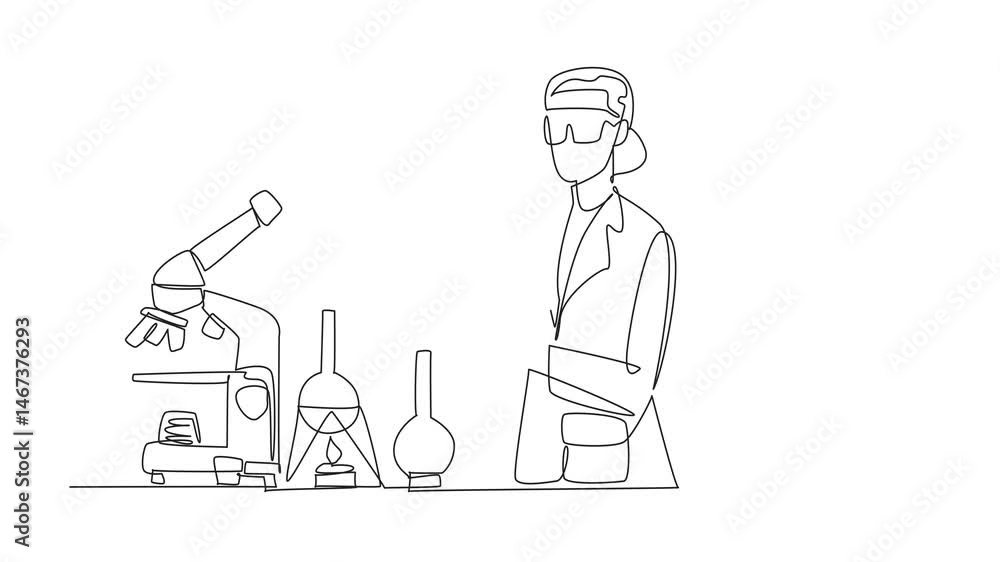 Poster animation of continuous line drawing a female scientist is conducting experiments in a laboratory. h