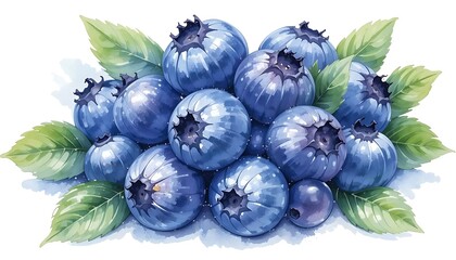 Watercolor-style illustration of ripe blueberries with green leaves, artistically arranged on a white background for a fresh and organic look.