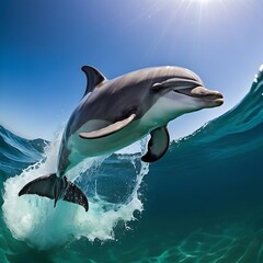 A playful dolphin leaping out of the water, ocean waves, underwater photography