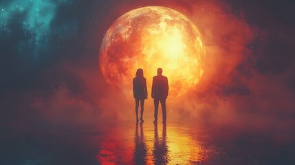 Two silhouetted figures connected by a beam of light in a dramatic moon lit sky
