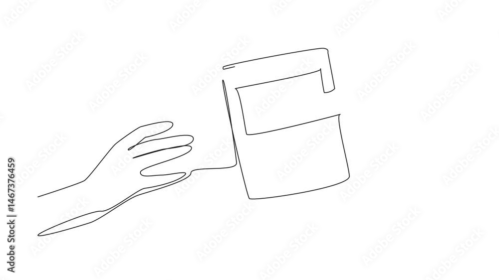Poster animated self drawing of continuous line drawing a hand extends to receive book from another hand. g