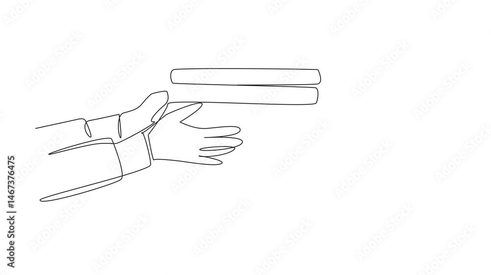 Poster animation of continuous one line drawing two hands, one passing a stack of books to the other. mutua