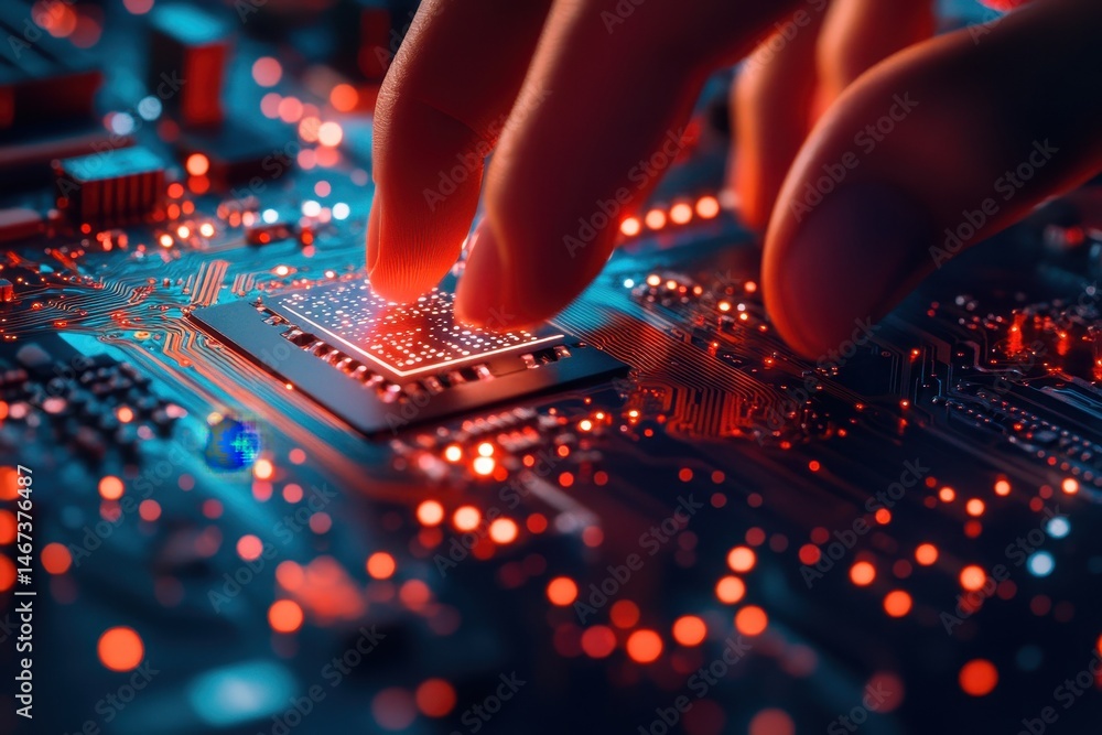 Poster close-up of hand on computer chip with bright led lights and circuits
