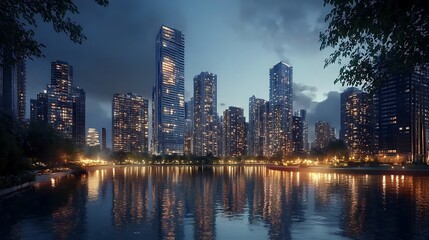 Naklejka premium New York Skyline at Twilight with Glowing Skyscrapers and Lights High Resolution Picture