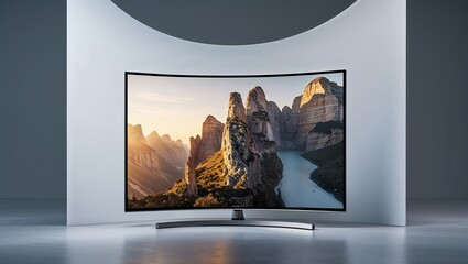 Fototapeta premium Photorealistic image of a ultra-thin curved smart tv in a studio setting