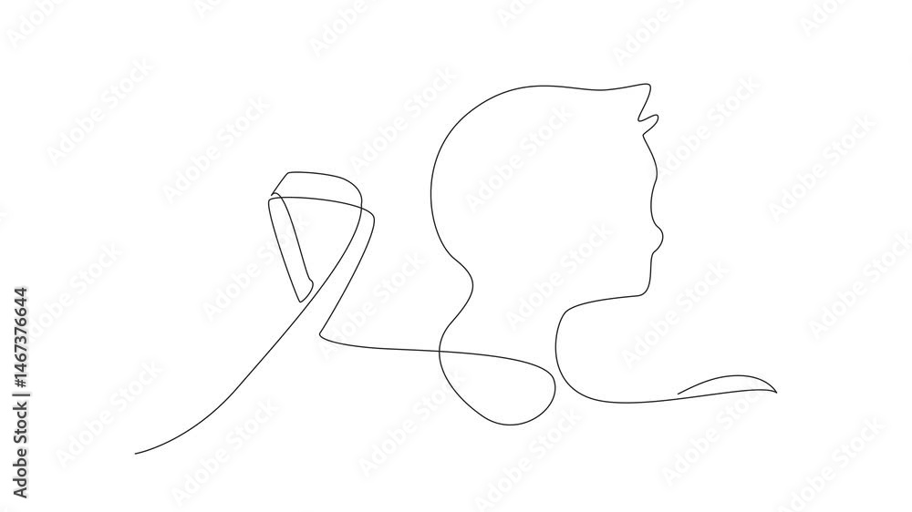 Poster self drawing animation of continuous line drawing the silhouette of a face formed by ribbon. idea of