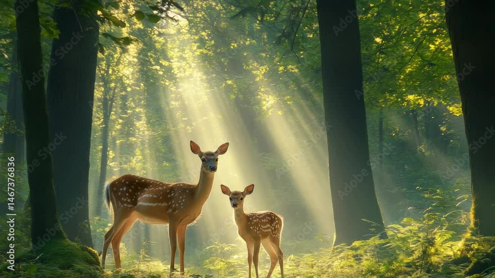 Poster Sunbeams filtering through trees illuminate a mother deer and her fawn in a serene forest setting, creating a magical atmosphere of tranquility and connection with nature