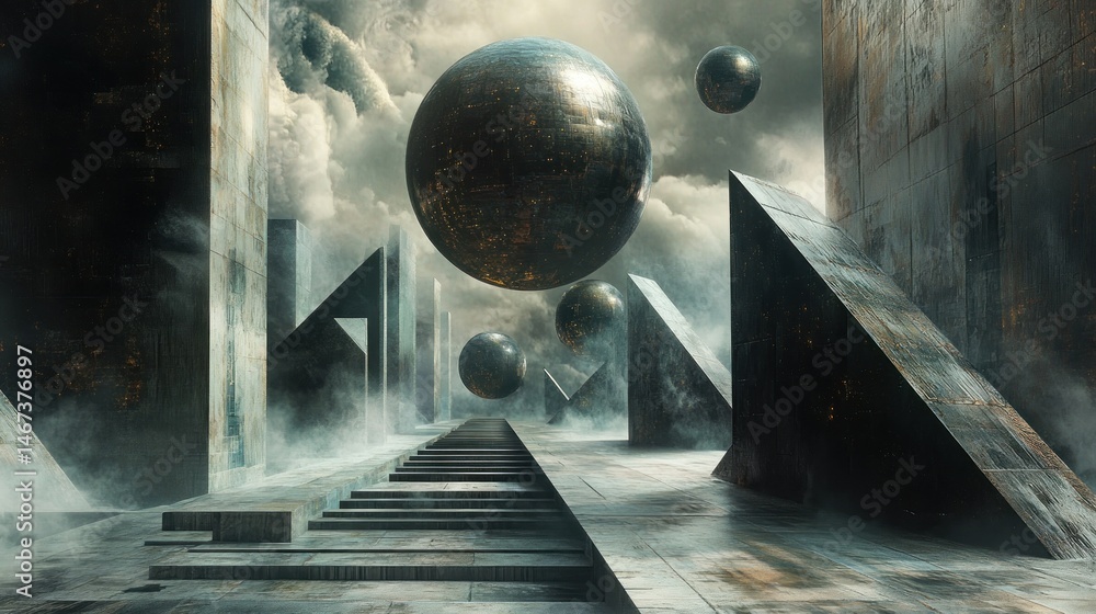 Poster surreal landscape with floating spheres and geometric structures