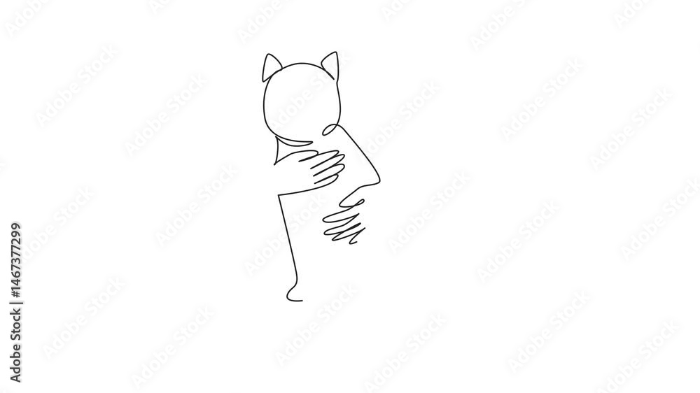 Poster animated self drawing of single continuous line drawing a pair of hands are gently embracing a cat. 