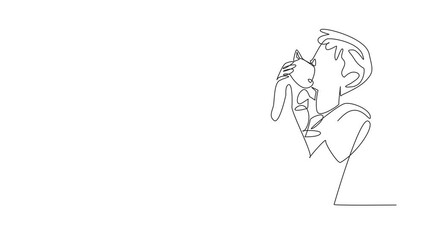 Animated self drawing of one line drawing a boy lovingly embracing and kissing cat. The unconditional love between humans and animals. National Love Your Pet Day. Full length single line animation