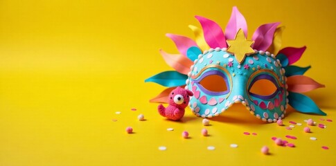 Obraz premium Carnival mask made of crepe paper in pastel colors surrounded by small toys and confetti on yellow background, crepe paper craft, confetti