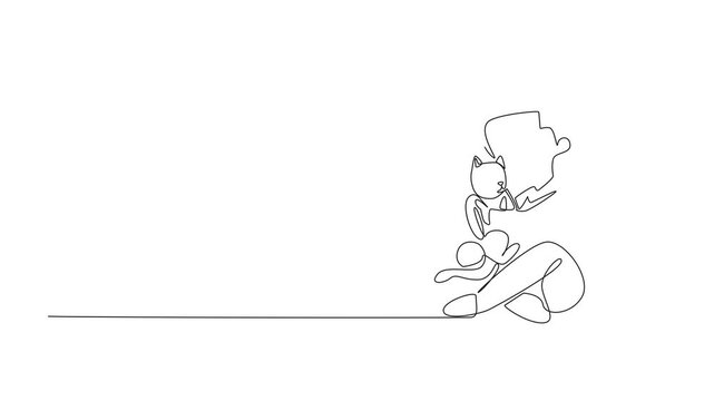Animation of single continuous line drawing a little girl gently cradles her fluffy cat. The girl's smile suggests. Care. National Love Your Pet Day. One line self drawing animated. Full length motion