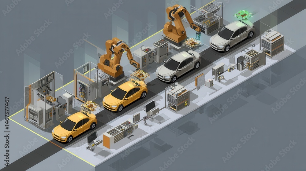 Poster automated vehicle assembly line process illustration.