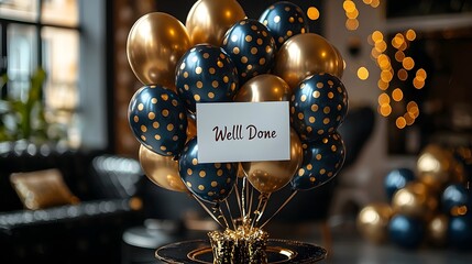 Celebratory gold and black balloon display with a  Well Done  card