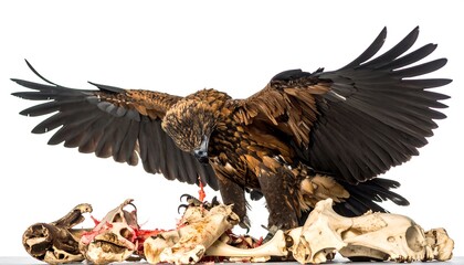 Obraz premium Powerful Dark Brown Eagle Feeding on Animal Remains Against White Background