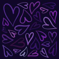 One line hand drawn hearts seamless pattern in purple and pink shades on dark background