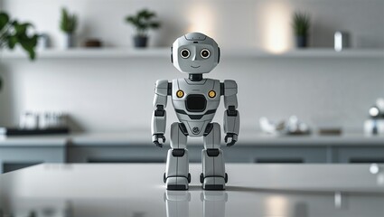 Photorealistic image of a toy robot on a glossy white tabletop