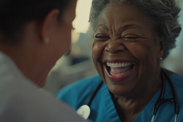 Joyful nurse sharing laughter with patient in hospital setting