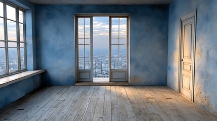 Fototapeta premium Empty Room with Balcony Doors City View Blue Walls Wooden Floor Vintage Apartment