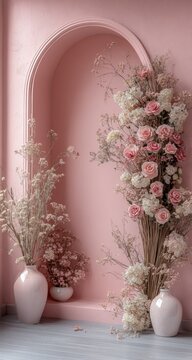 Pink archway adorned with floral arrangement