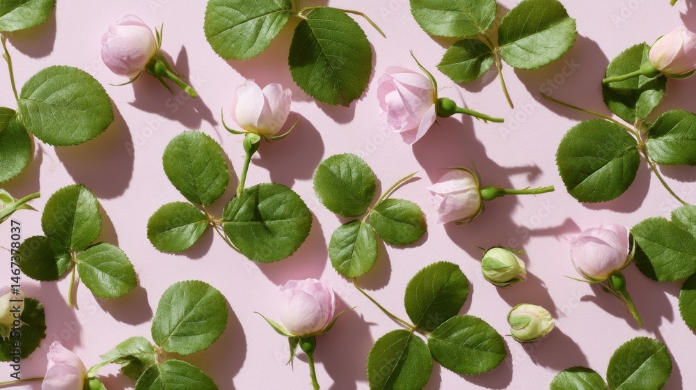 Poster delicate rosebuds and fresh green leaves form an elegant repeating pattern on a soft backdrop, creat