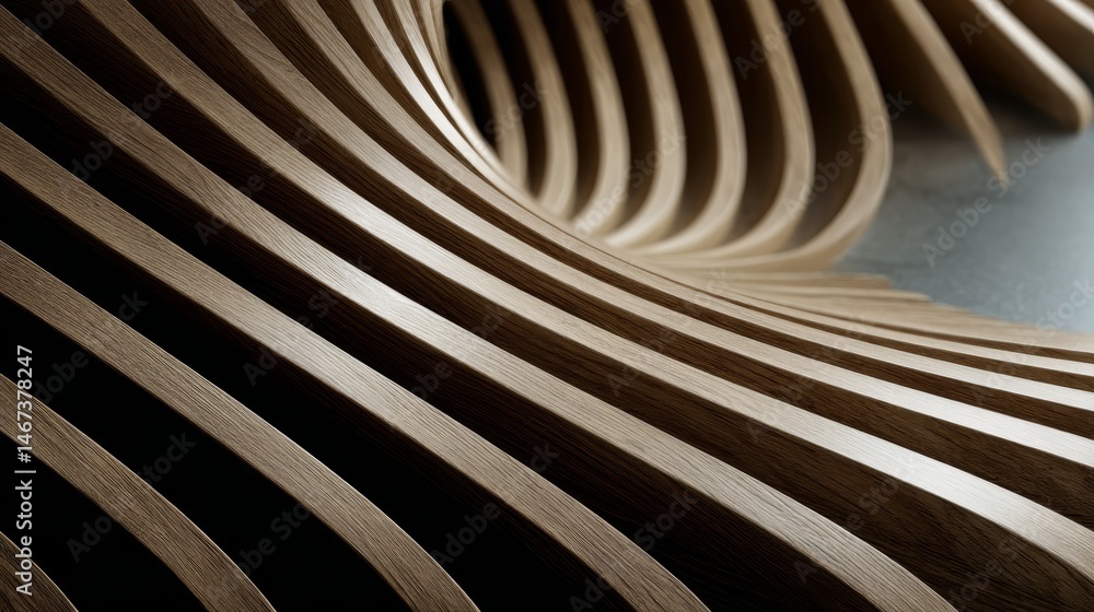 Leinwandbilder Softly curved planks create a flowing wave pattern, showcasing rich grain and texture under overhead lighting, providing an elegant and dynamic visual effect