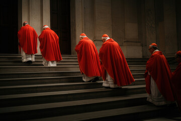 Naklejka premium Cardinals in red robes ascending steps inside historic cathedral