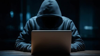 Mysterious hooded figure works on a laptop in a dark, office background - concept of anonymity in cyber activity. - Powered by Adobe