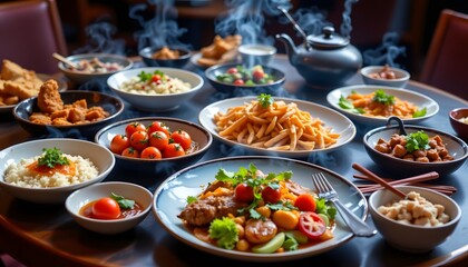 Fototapeta premium A vibrant table overflowing with diverse plates of food from various culinary cultures