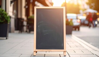 Blank wooden framed menu board stands on the sidewalk outdoors with a blurry street background.
