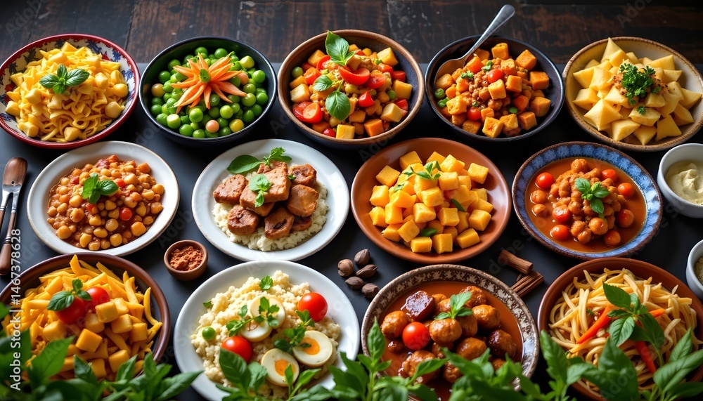 Poster an exquisite array of cultural cuisines beautifully displayed on a dining table setting