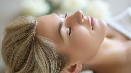 Naklejka premium Relaxed Female Portrait with Calm Expression Suggesting Spa Environment, Soft Diffused Light from Above,Blurred Neutral Background with Subtle Health Elements.