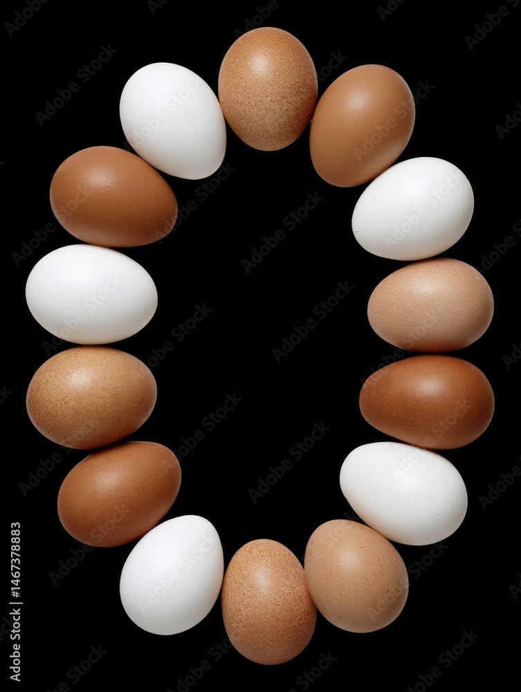 Poster brown and white eggs arranged in a symmetrical circle showcasing natural patterns and color contrast