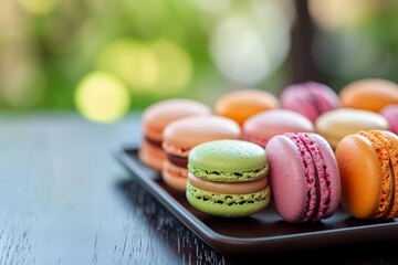 A hand holds a tray containing a diverse selection of macarons, presenting a dainty dessert in a range of vibrant pastel colors