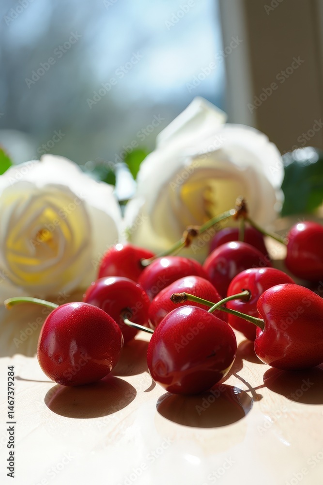 Poster a bunch of red cherries on a table with white roses in the background.