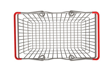 Top view of metal shiny basket. Shopping basket for supermarket products. Shop equipment. Realistic market bag. Png transparency	