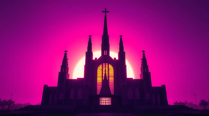 Fototapeta premium A massive brutalist cathedral built of concrete and glass, casting long shadows in the sunset, blending religious solemnity with futuristic geometry. created by generative ai