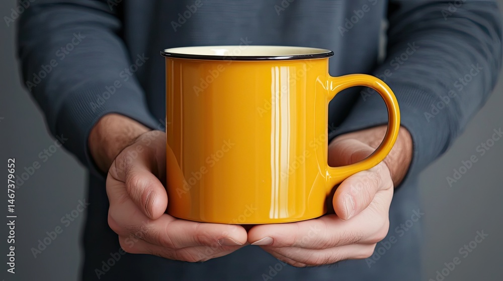 Poster mock-up of a yellow enamel mug with a gray backdrop and a man's hands clutching one