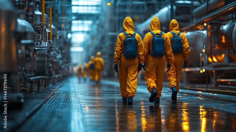 Leinwandbilder workers in yellow protective suits navigate a wet floor in a petrochemical facility. the environment