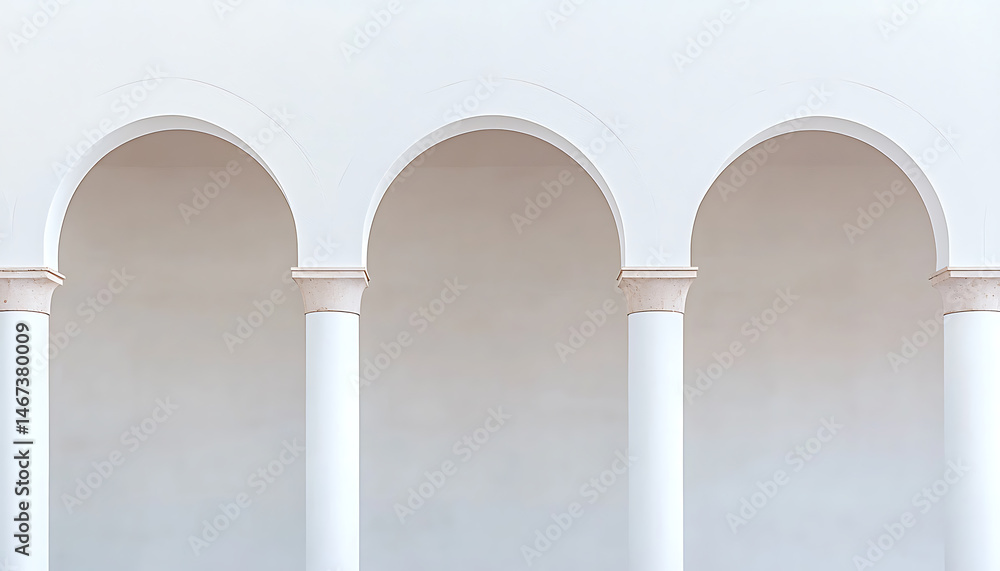 Poster a trio of arches are supported by simple columns. a light neutral color palette creates a peaceful a